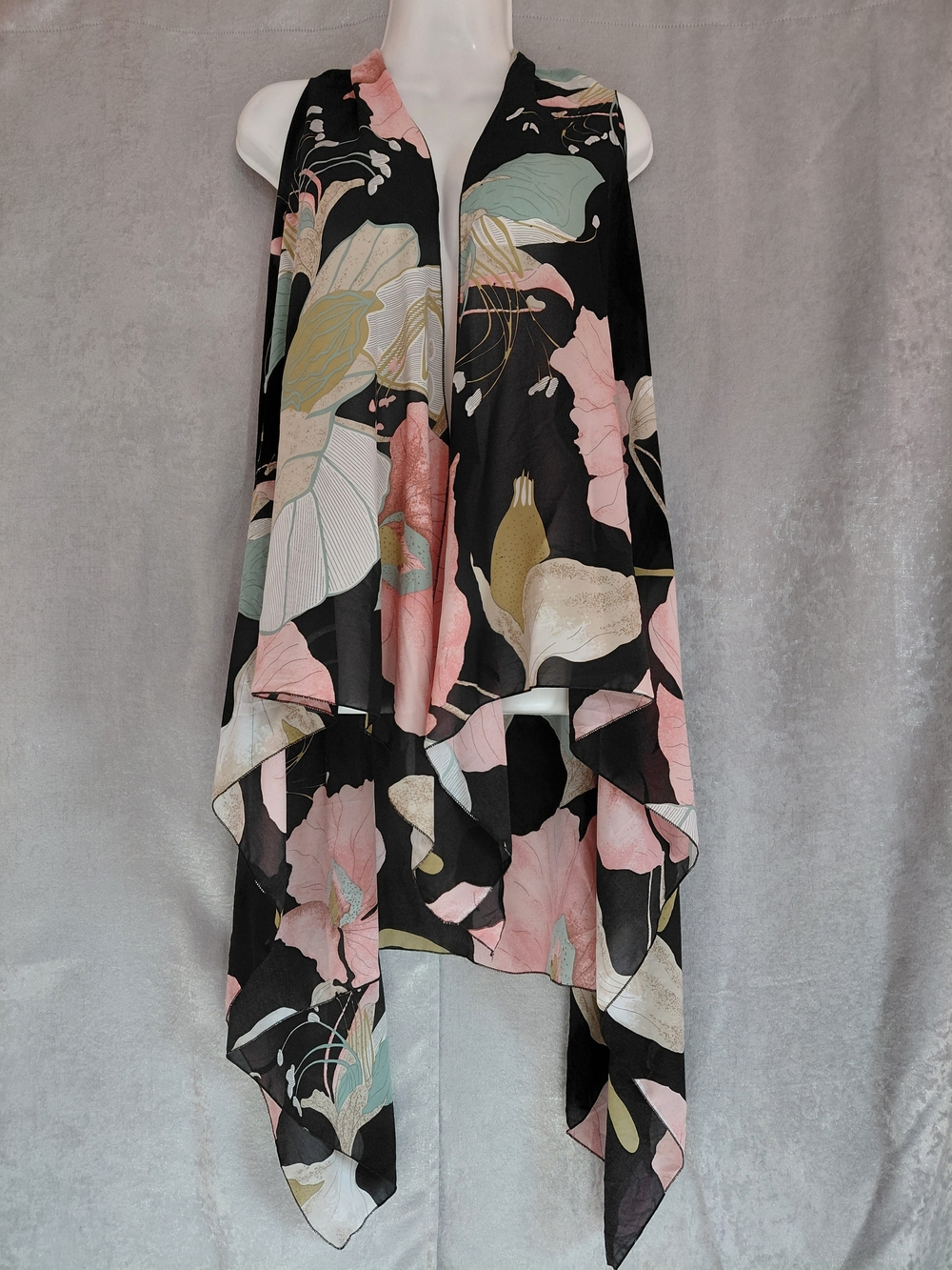 Floral Sheer Draped Vest Kimono Cardigan  Botanical Print Boho No Size Tag .